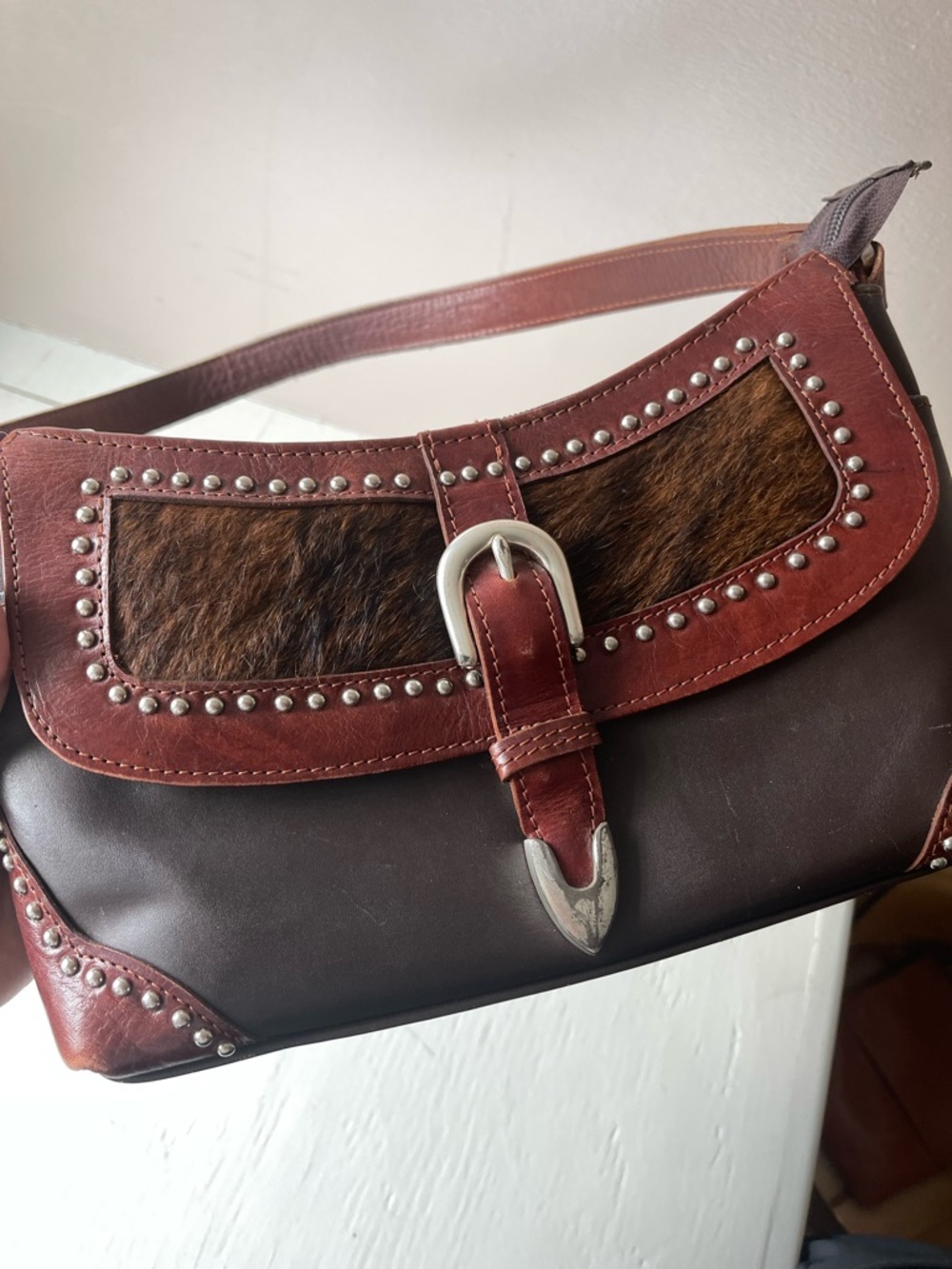 American west Brown Leather and cowhide Studded Shoulder Bag Silver Buckle
